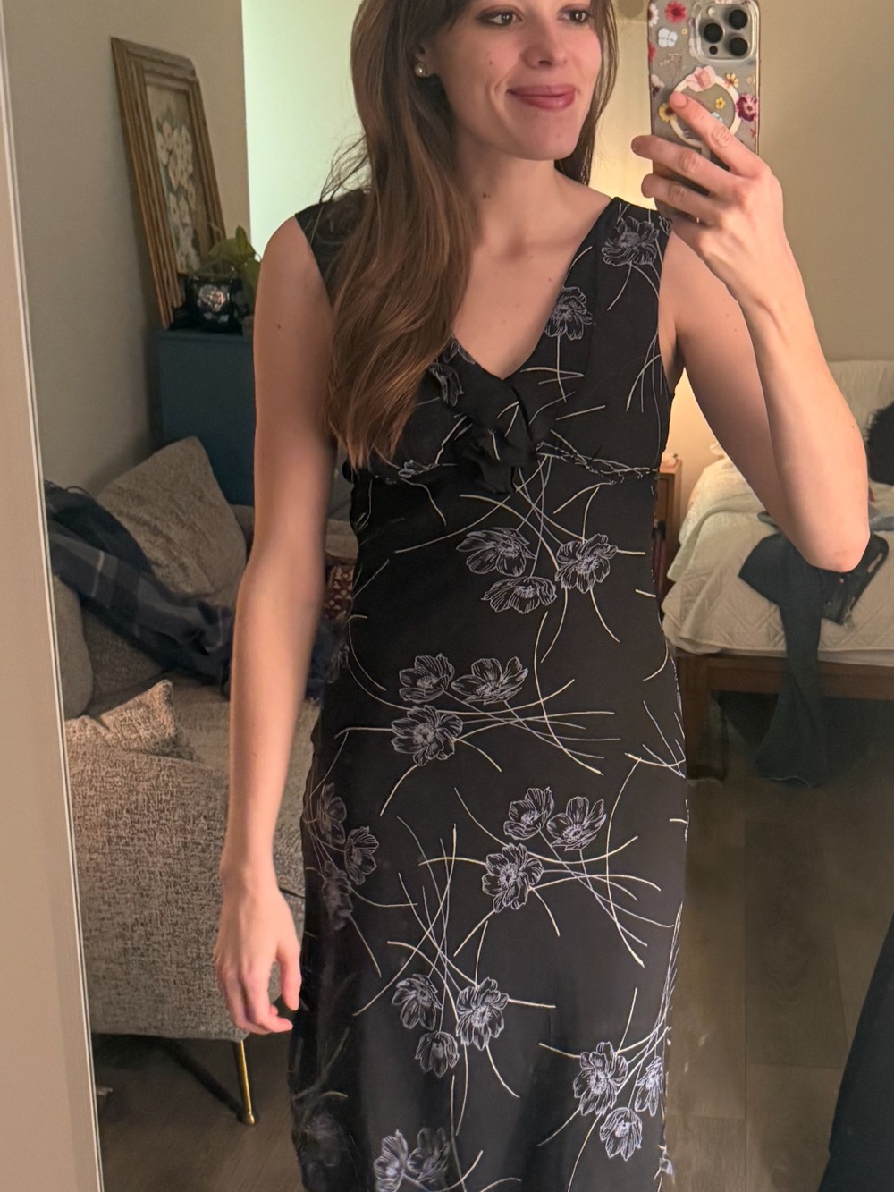 The Limited Black Floral Midi Dress with Cream Accents